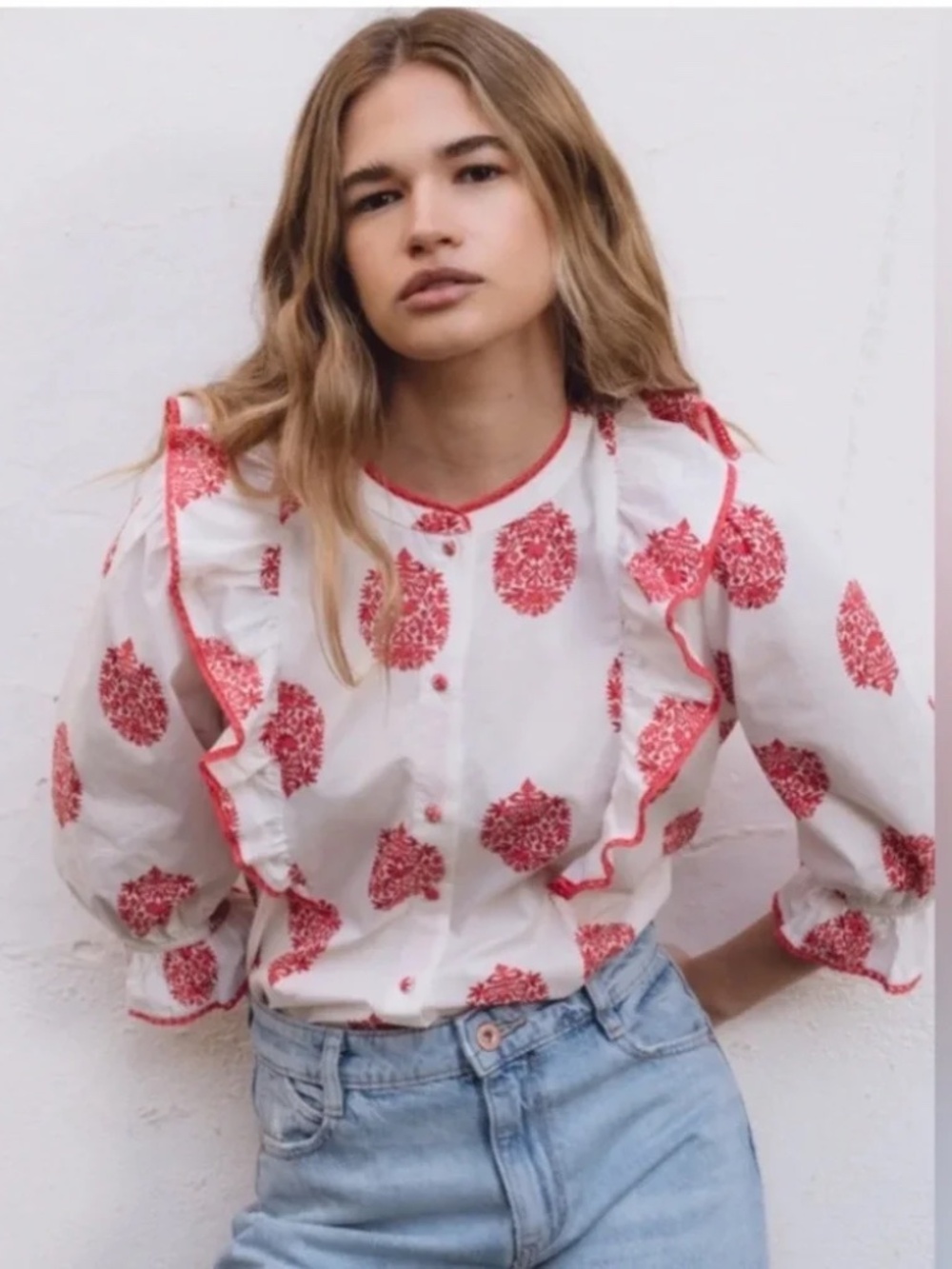 SONMER Jo blouse Pink White Floral Ruffle Sleeve Button Up Size M NWT